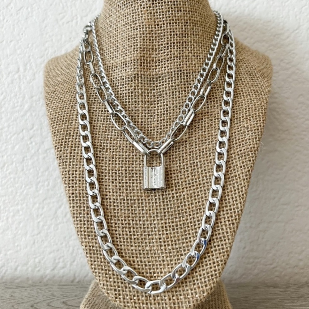 New! Silver Layered Chain Necklace with Lock Pendant
